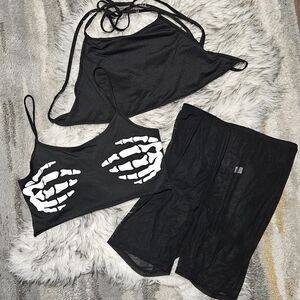 3 Piece Black Rave Festival Crop Top & Short Bundle